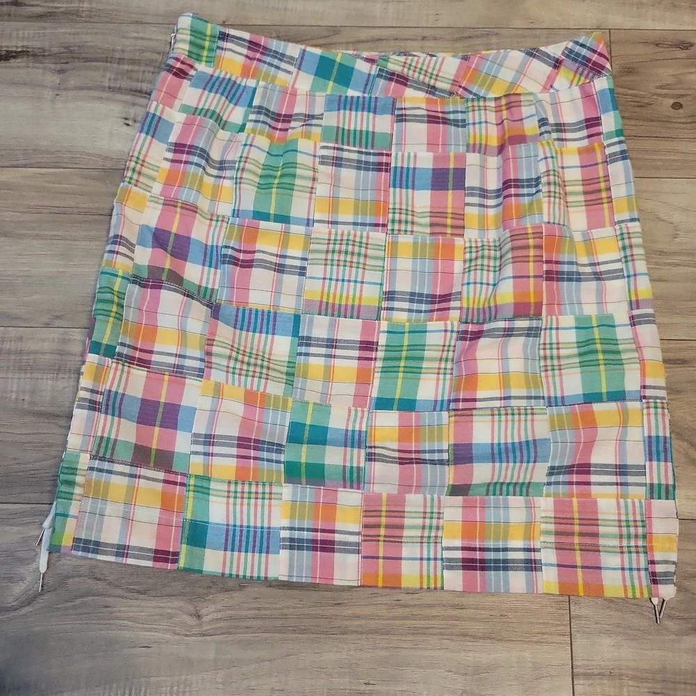 Talbots Sz 10P Madras Plaid Patchwork Cotton Lined Skirt Lace-Up Side Slit